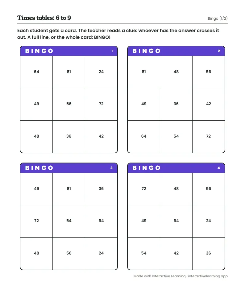 First page of a printable bingo made with Interactive Learning