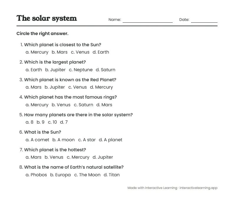 First page of a printable worksheet made with Interactive Learning