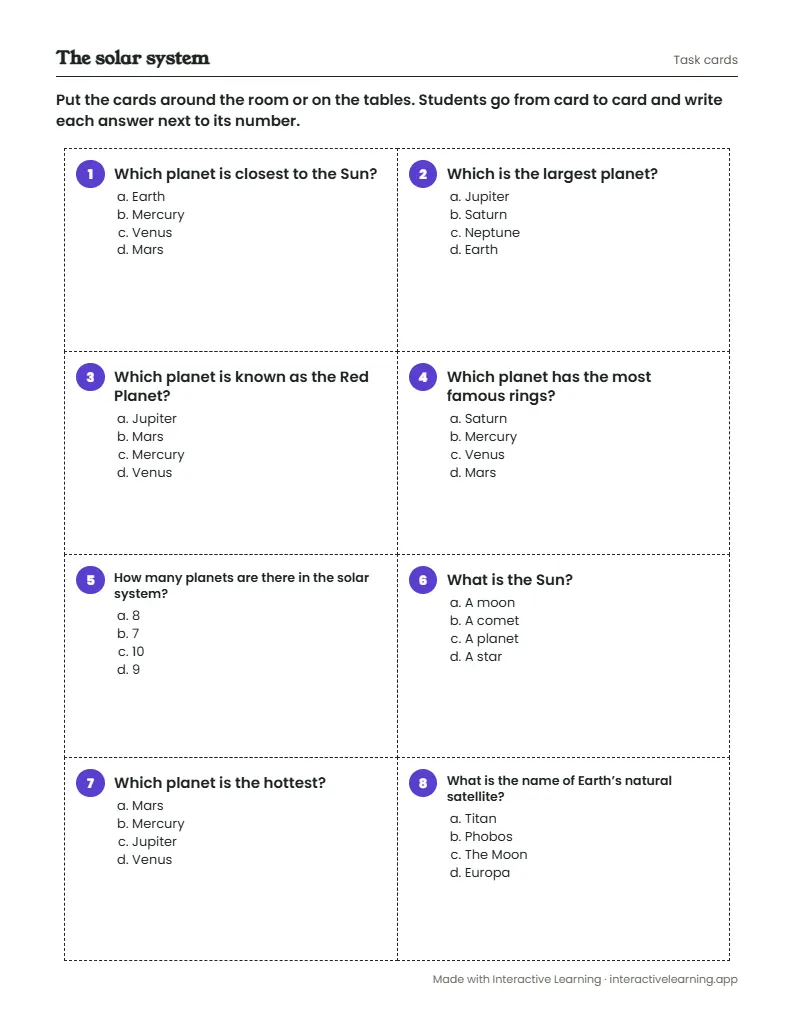 First page of a printable task cards made with Interactive Learning